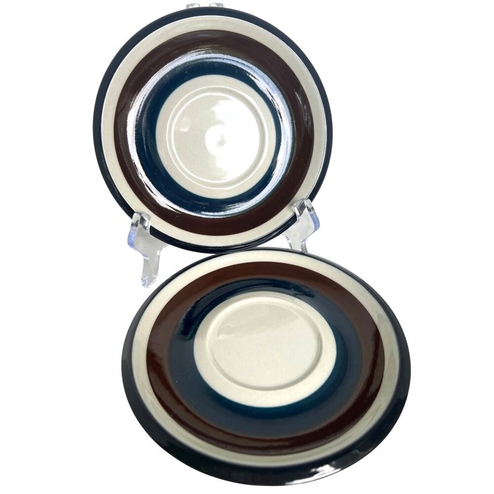 Vtg Arabia Finland Kaira 61 Saucer Plates Set of 2 6" Brown Blue Stripes Ceramic